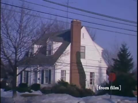 White house with a prominent chimney framed by leafless trees and a stop sign.